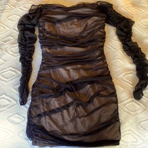 Black sheer long sleeve ruched Bebe bodycon dress